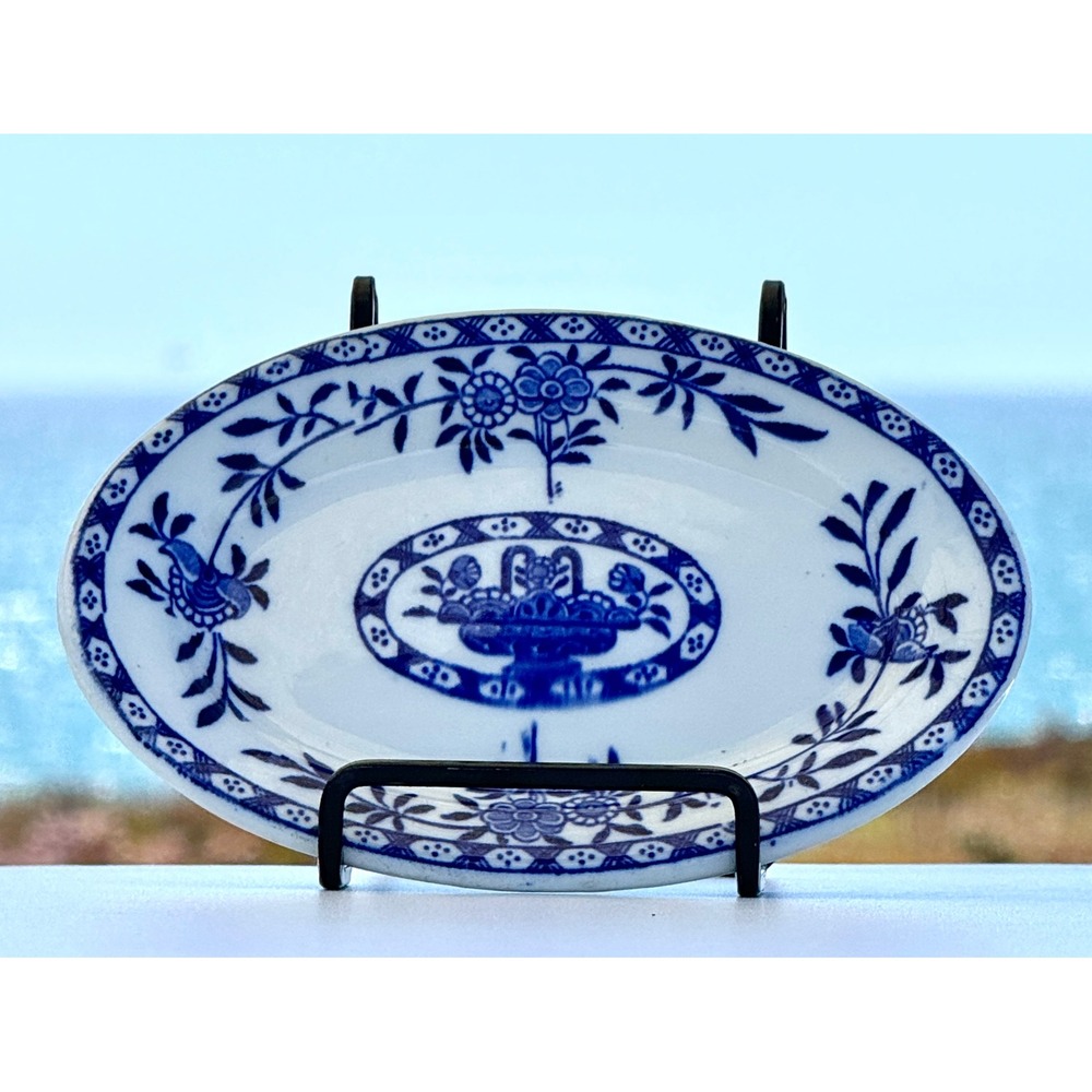 Delphi Wood & Shaw Oval Butter Pat Dish Blue White Floral Antique Ironstone 6.5"